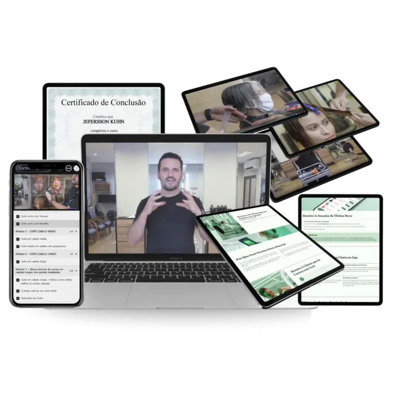 Aulas, apostilas e certificado do Cortes Express no notebook, tablet e celular